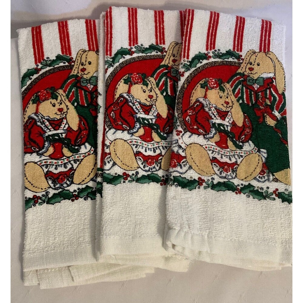 3 Vintage Cambridge Kitchen Tea Dish Towels Christmas Bunnies Terry Cloth